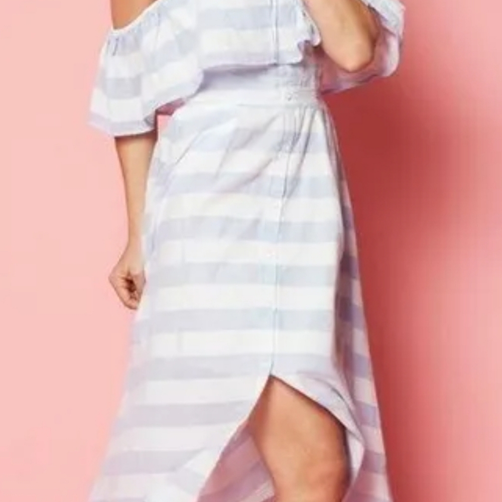Jealous Tomato White & Blue Stripe Off Shoulder Midi Dress
